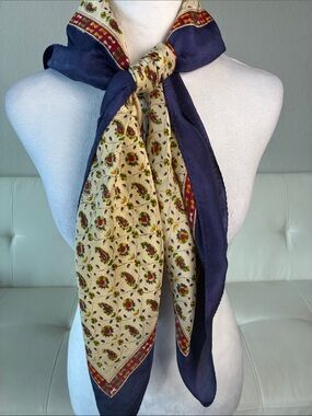 100% Silk Cream Floral Paisley Scarf with Navy Border- Made in India